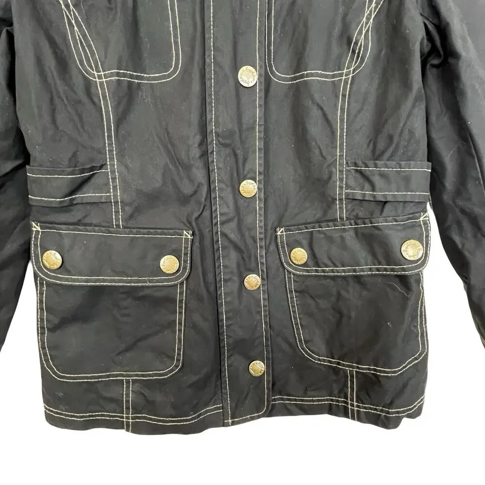 Boden Waxed Cotton Jacket Black Contrast Stitch Utility Pockets Size 10 - Picture 7 of 16